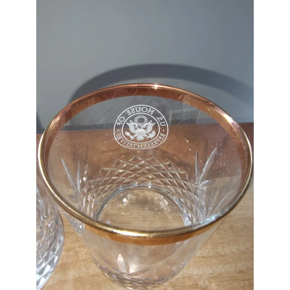Set of 2 US House of Representatives Crystal Lowball Glasses Gold Rim Rocks Glas